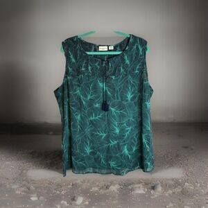 Liz Claiborne Woman 3X Green Leaf Print Cold Shoulder Tassel Blouse